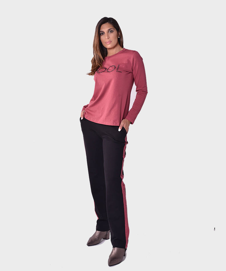 Oltre Tempo Pantalone cotone in felpa con bande ai lati e strass Spedizione Gratuita