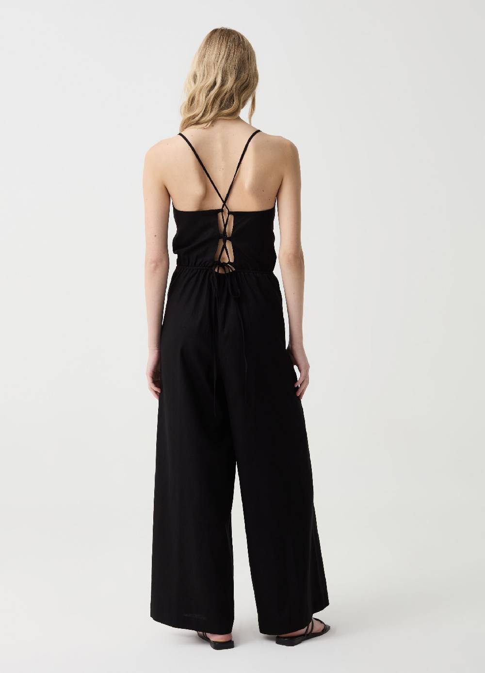 Ovs Tuta intera lunga wide leg in lino e viscosa Promozione
