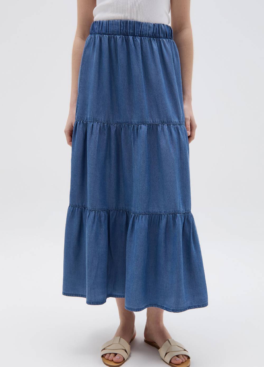Ovs Gonna lunga effetto denim a balze Saldi Di Fabbrica