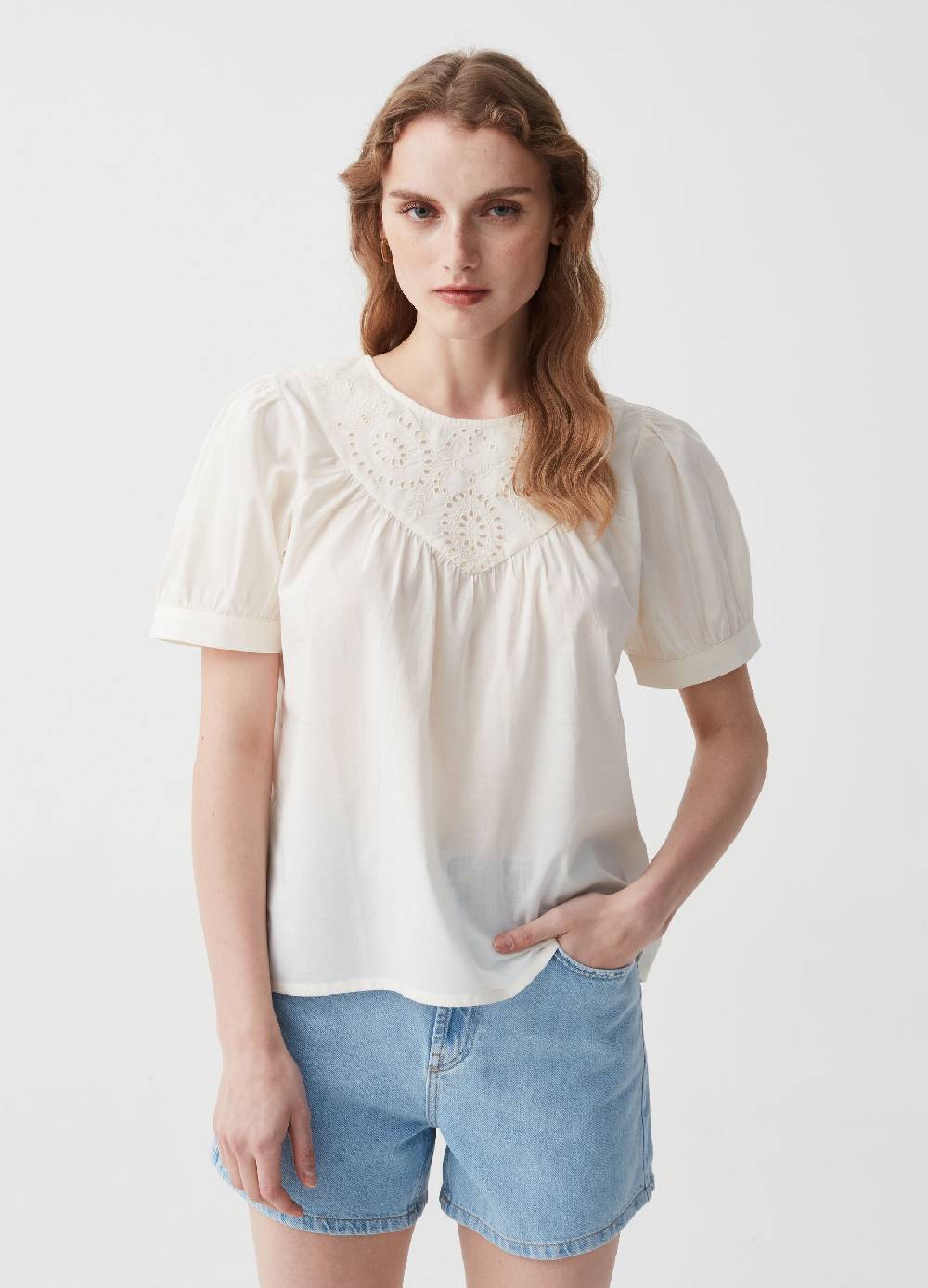 Ovs Blusa in cotone con inserto in sangallo Pezzi Unici