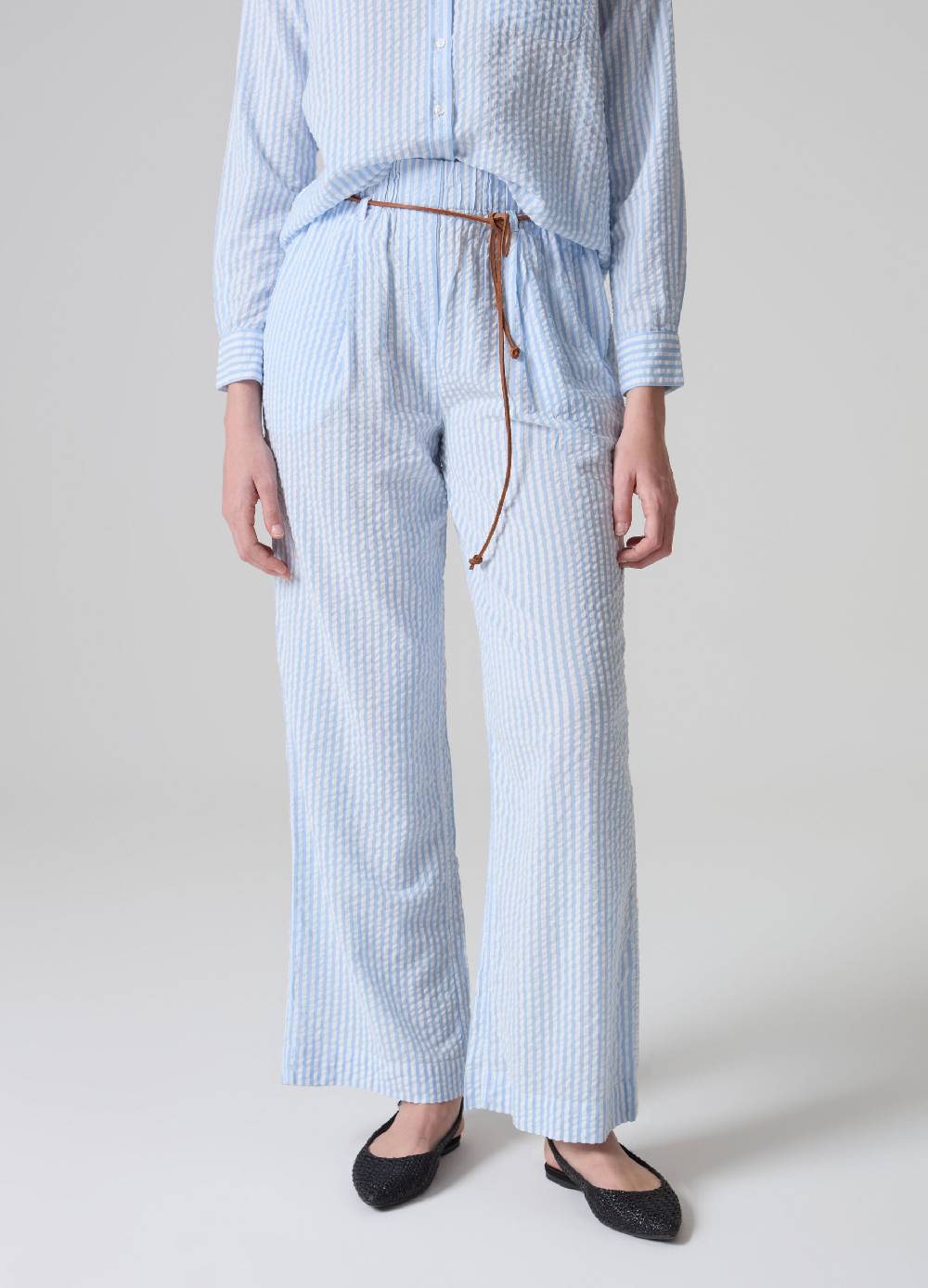 Ovs Pantaloni in seersucker a righe con cintura Saldi Di Fabbrica