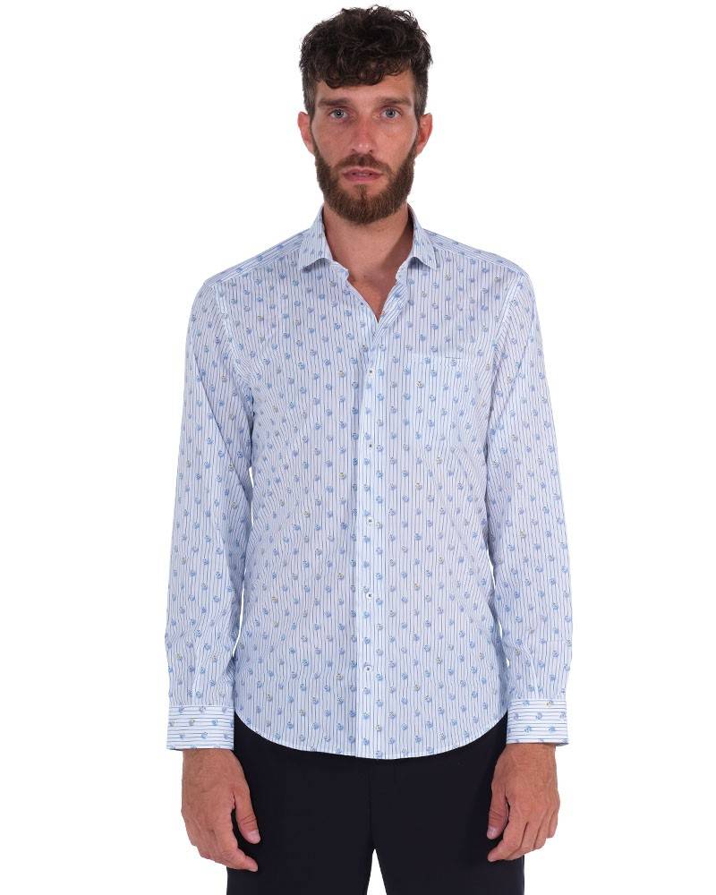 Poggianti Camicia Fantasia Collo Morbido Azzurro/Bianco Novità