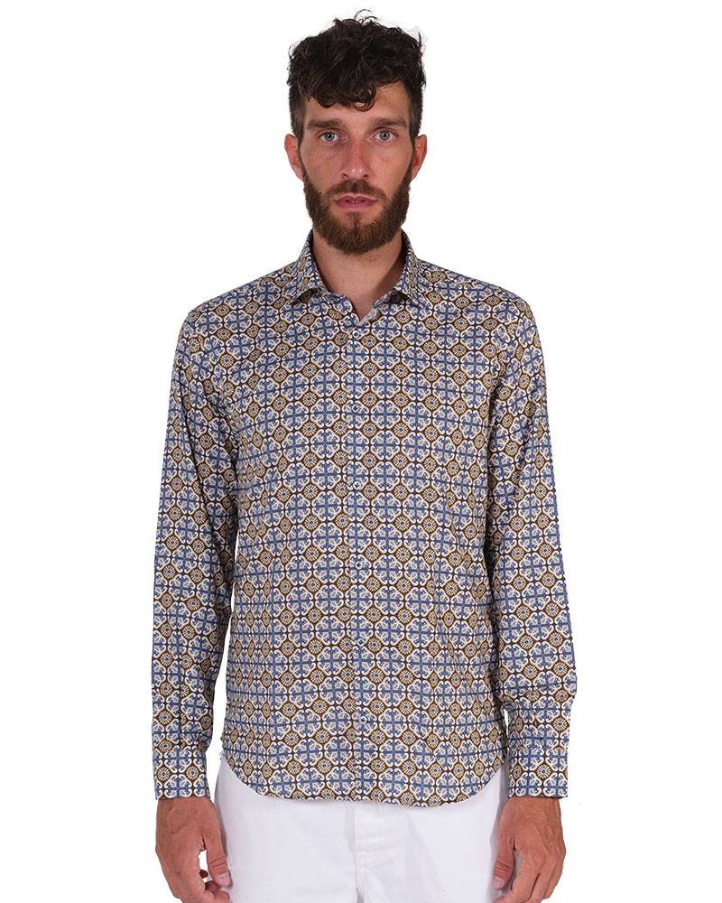 Poggianti Camicia Fantasia Collo Morbido Azzurro/Marrone Vendita Calda