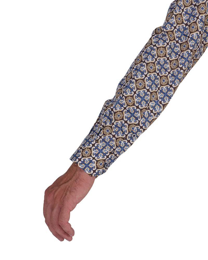 Poggianti Camicia Fantasia Collo Morbido Azzurro/Marrone Vendita Calda