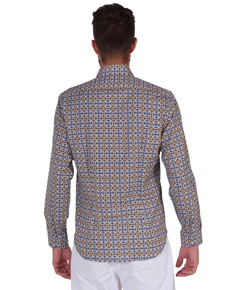 Poggianti Camicia Fantasia Collo Morbido Azzurro/Marrone Vendita Calda