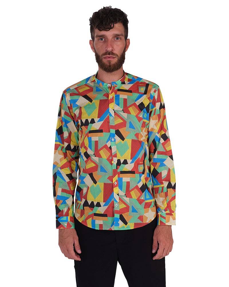 Poggianti Camicia fantasia geometrica multicolor, Collo coreano Saldi Di Fabbrica