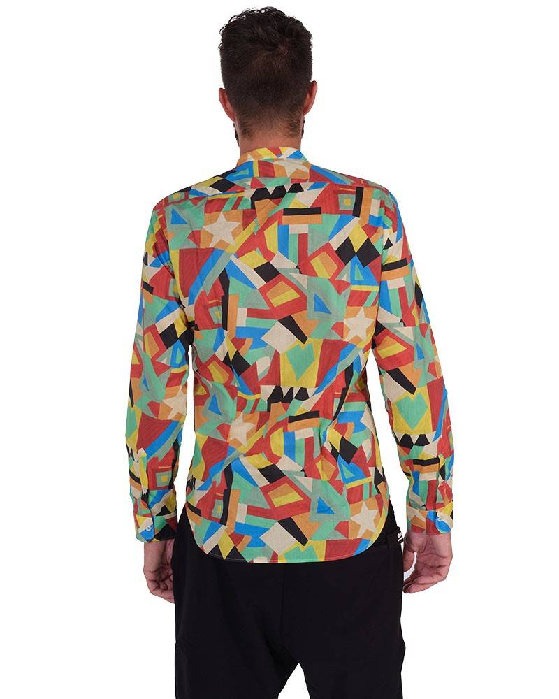 Poggianti Camicia fantasia geometrica multicolor, Collo coreano Saldi Di Fabbrica