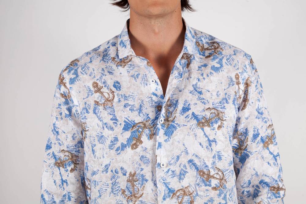 Poggianti Camicia Fantasia Lino Collo Francese 403-01 Presa