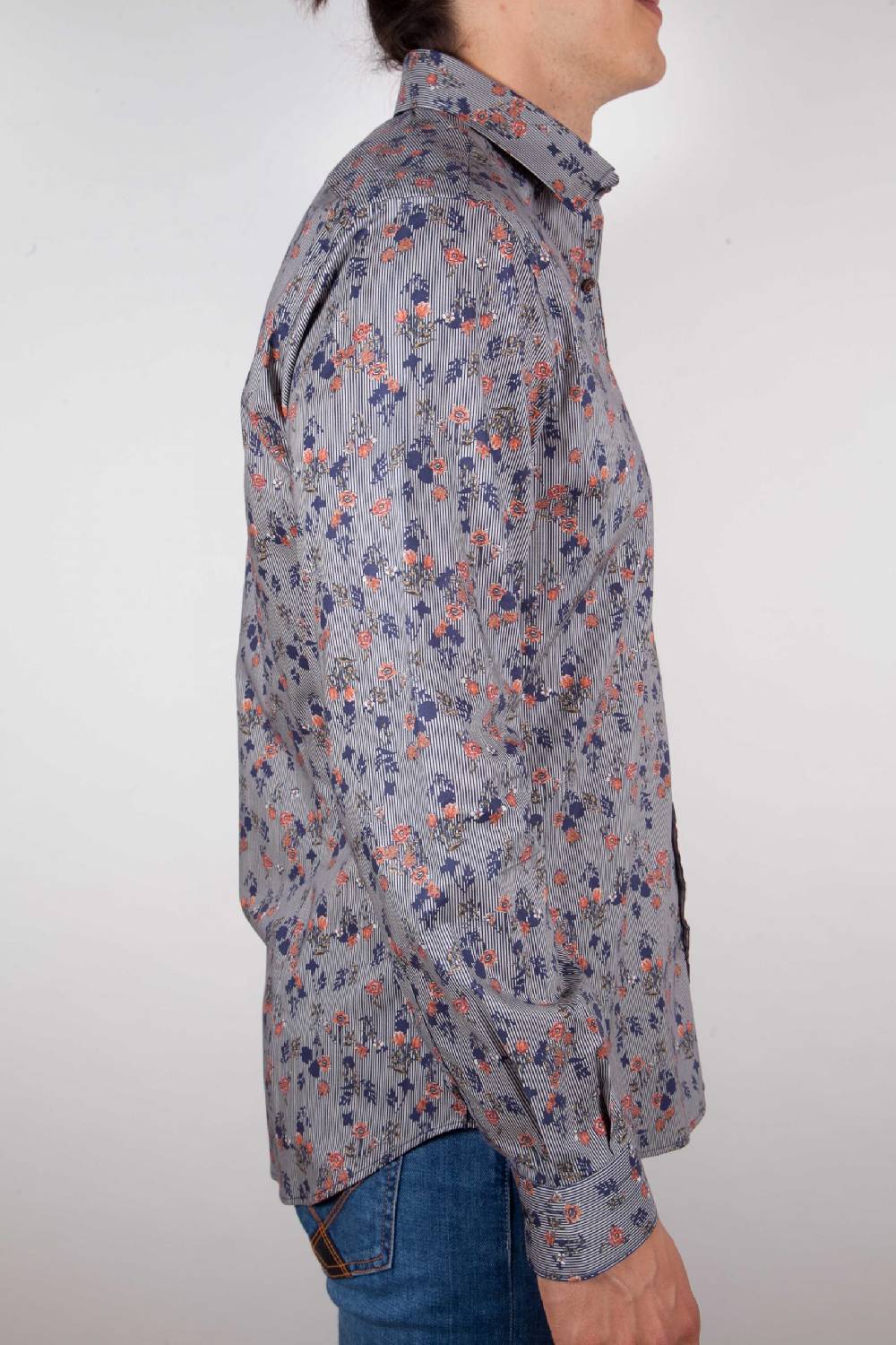 Poggianti Camicia Fantasia su riga Blu Collo Italiano Novità