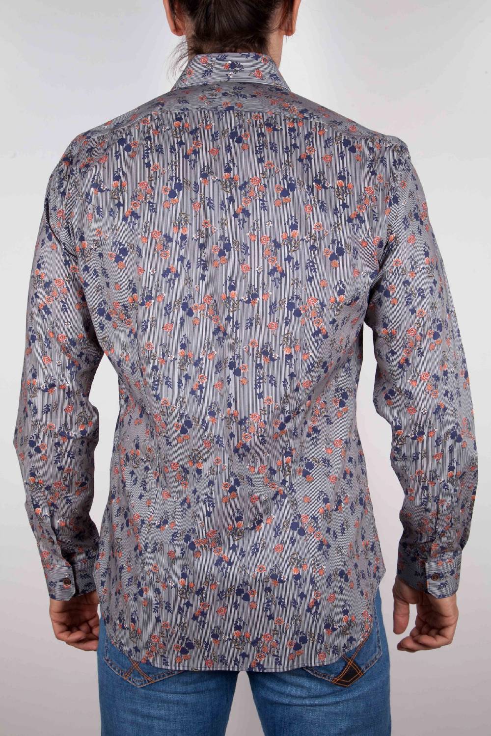 Poggianti Camicia Fantasia su riga Blu Collo Italiano Novità