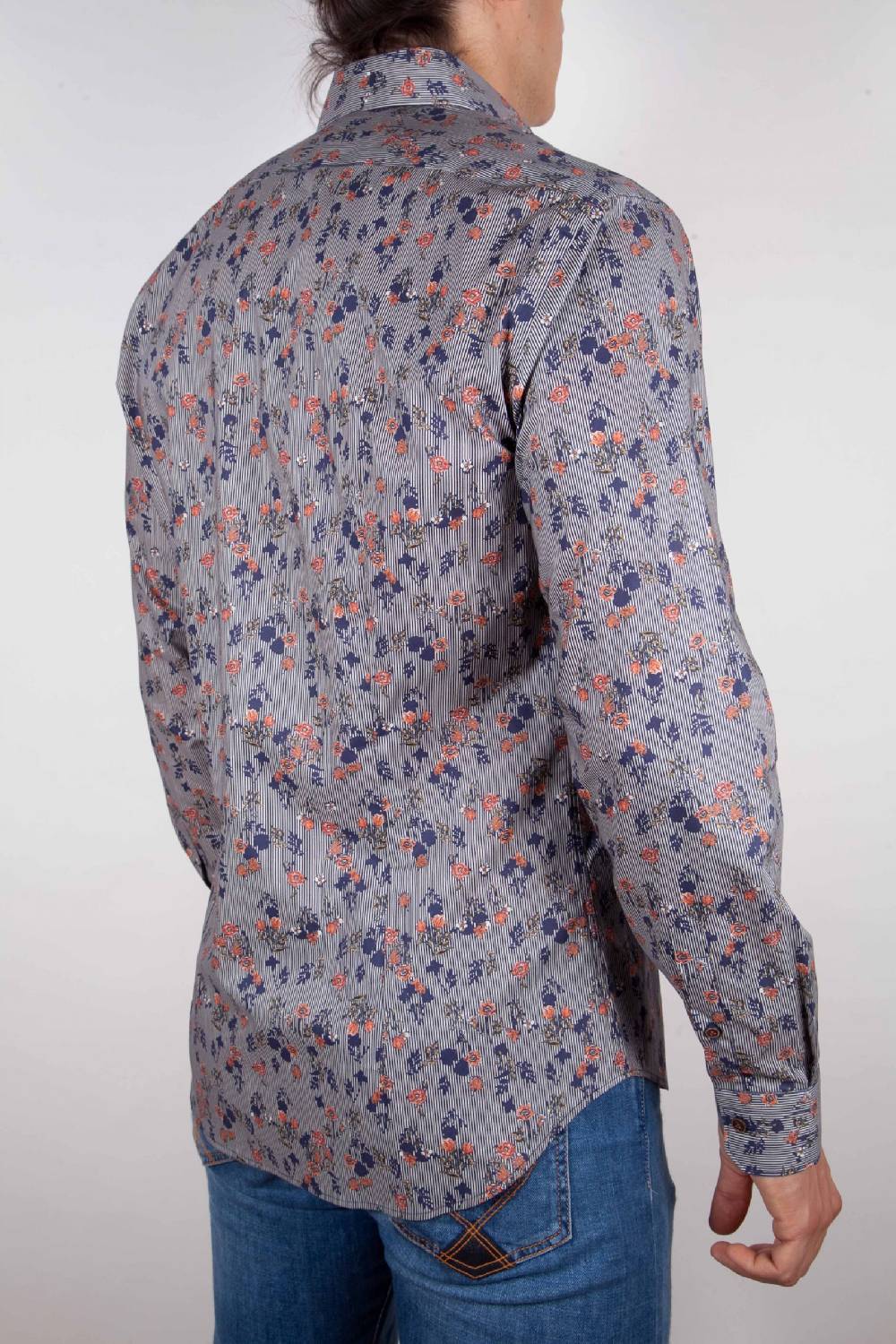 Poggianti Camicia Fantasia su riga Blu Collo Italiano Novità