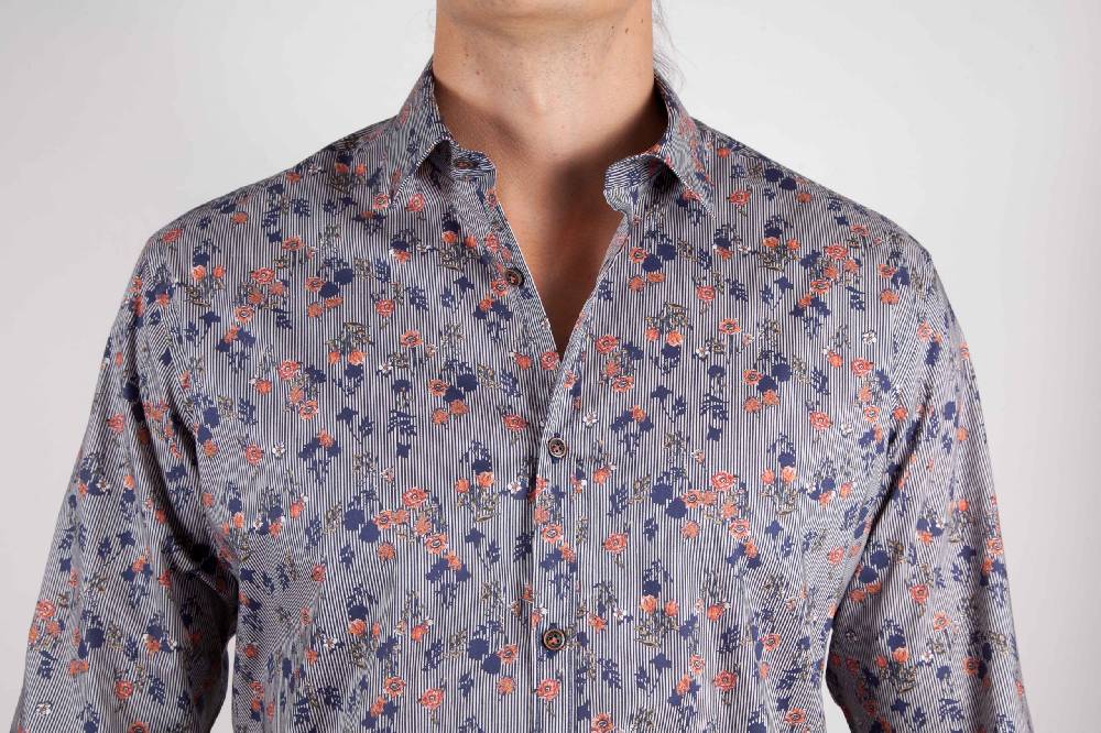 Poggianti Camicia Fantasia su riga Blu Collo Italiano Novità