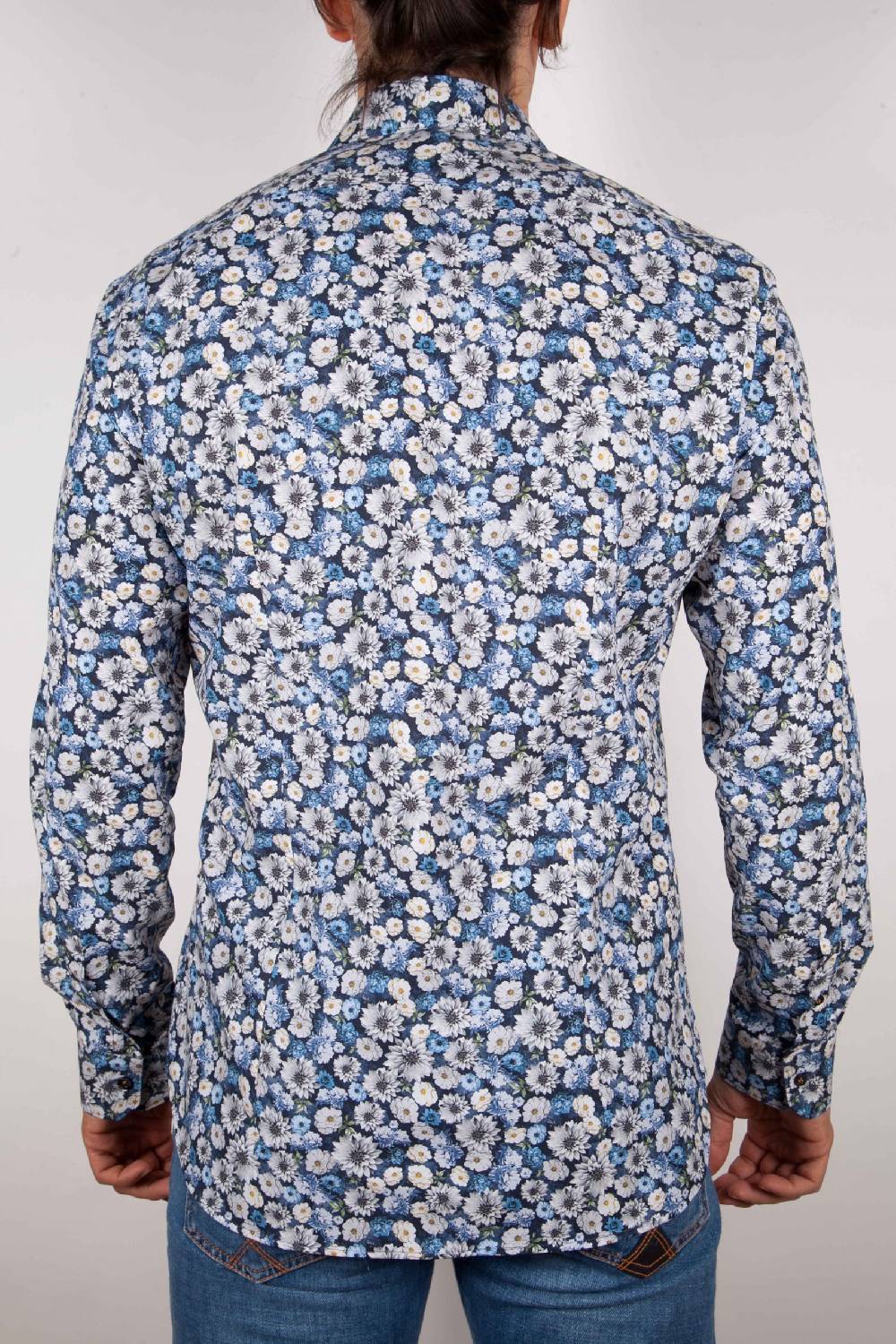 Poggianti Camicia Fantasia Blu Collo Italiano Presa