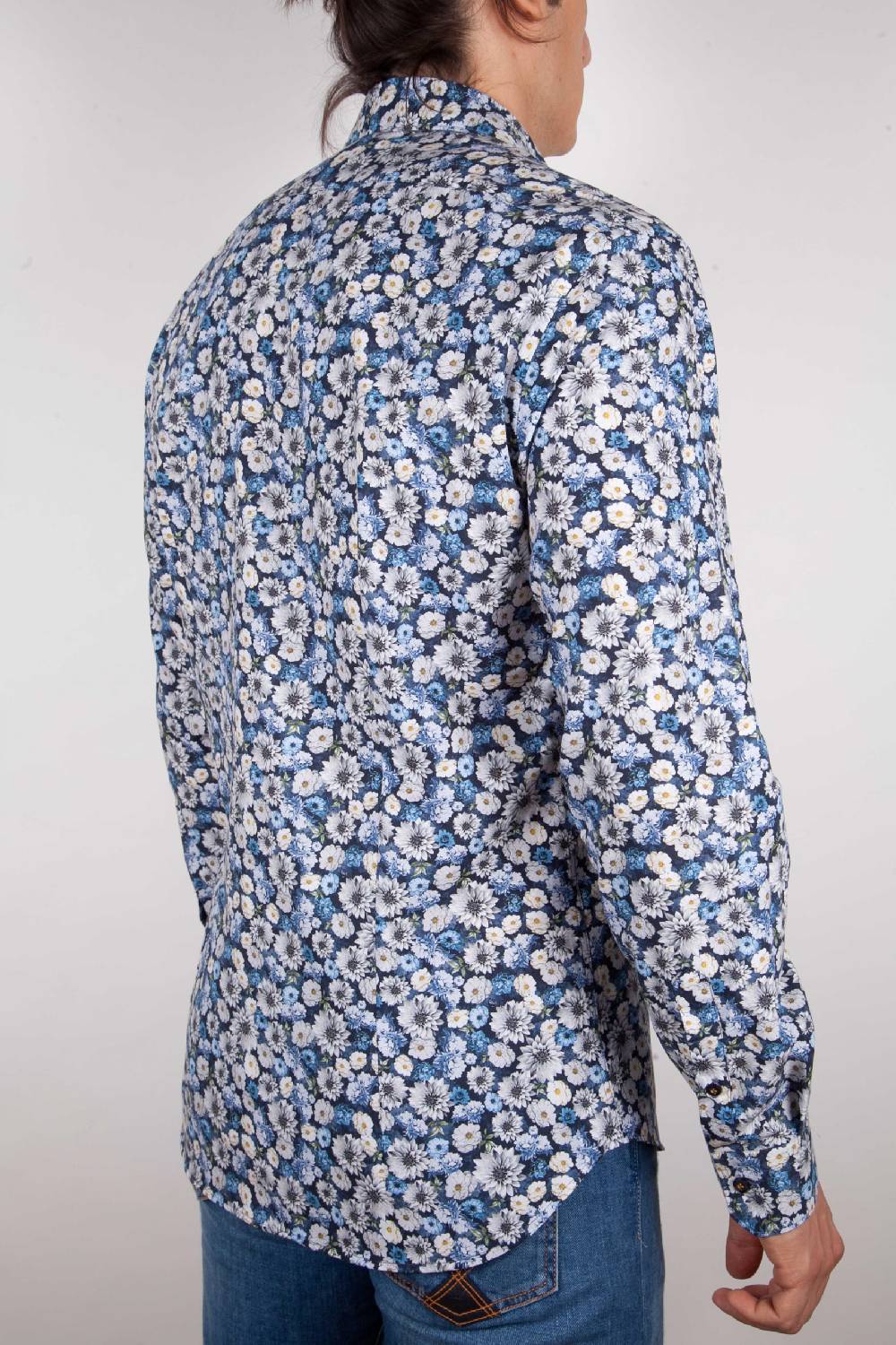 Poggianti Camicia Fantasia Blu Collo Italiano Presa
