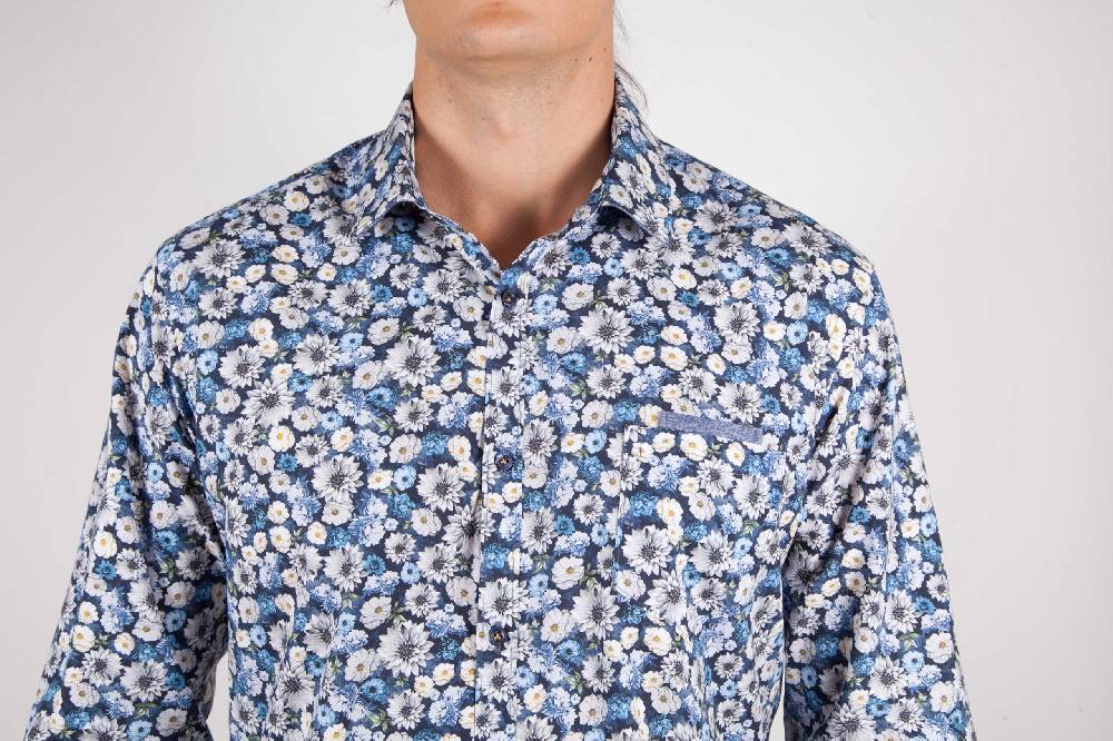 Poggianti Camicia Fantasia Blu Collo Italiano Presa