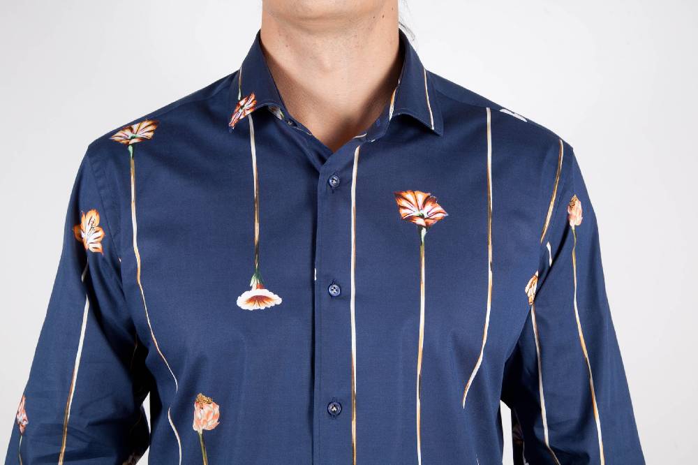 Poggianti Camicia Fantasia Blu Collo Francese Sconto