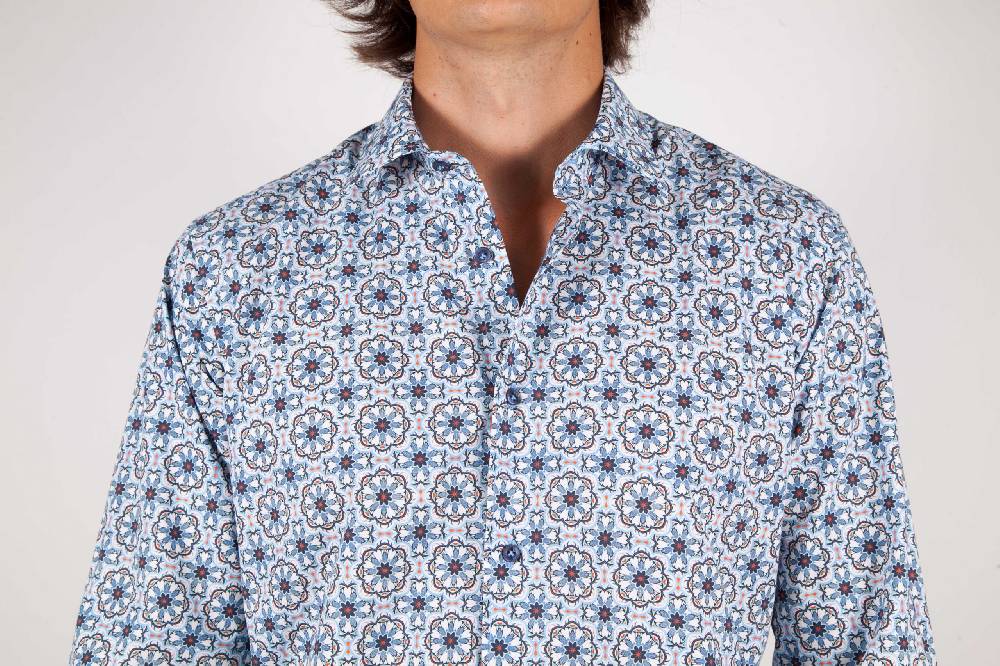 Poggianti Camicia Fantasia Collo Morbido Azzurra Saldi