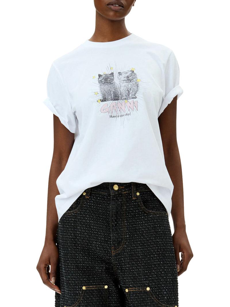 Suitnegozi T-SHIRT RELAX CON GATTI IN JERSEY BIANCO BASIC Vendita Calda