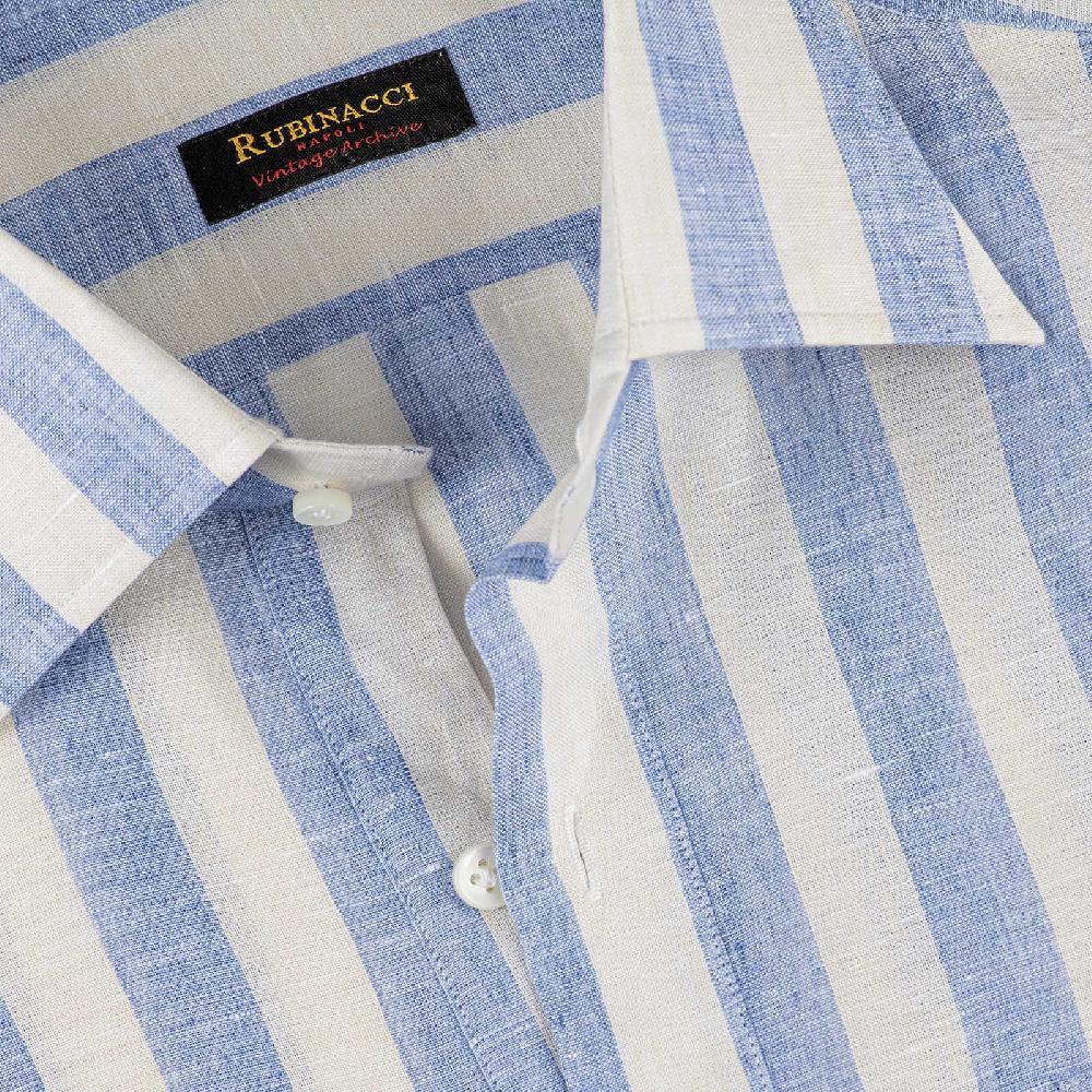 Rubinacci Polo in lino rigato azzurro Offerta