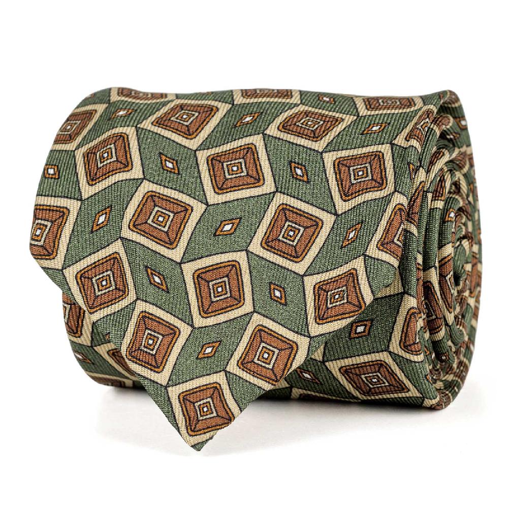 Rubinacci Cravatta in twill di seta verde con stampa geometrica Officina