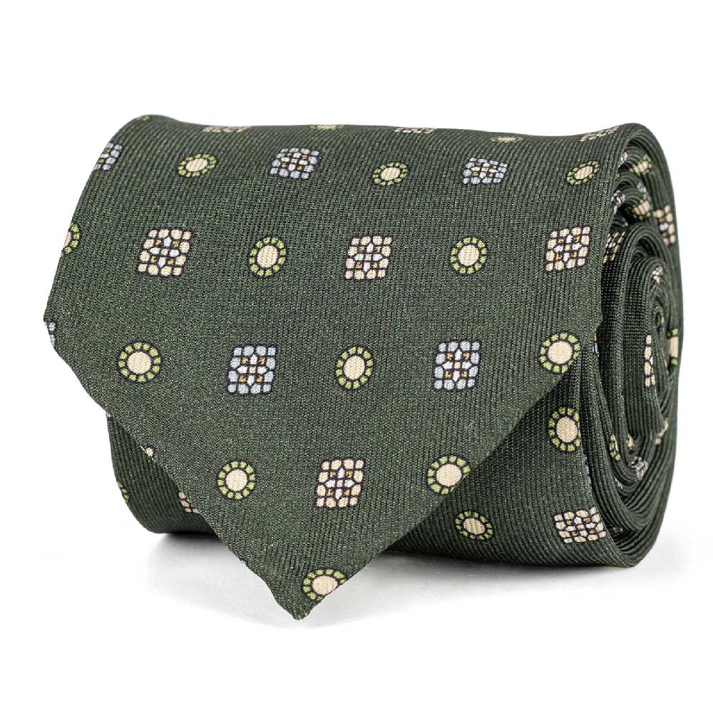 Rubinacci Cravatta in twill di seta verde con stampa geometrica Esporta salva