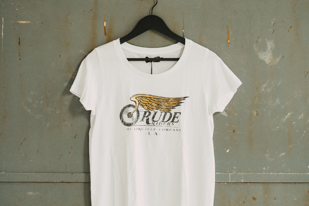 Rude Riders T-Shirt Donna Flying Wheel Bianca Vendita Calda