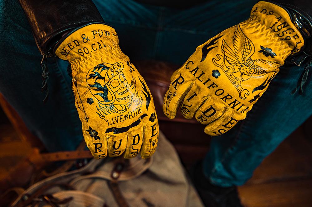Rude Riders Guanti moto in pelle Tattoo Yellow Promozione Limitata