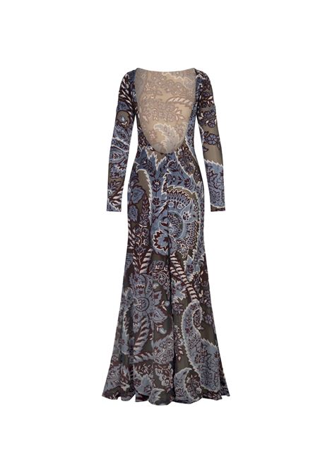 ETRO Abito Lungo Azzurro In Tulle Jacquard Velluto - ETRO Vendita Calda