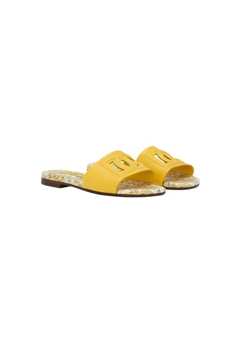 DOLCE & GABBANA KIDS Slide In Pelle Gialla Con Logo DG e Stampa Maiolica - DOLCE & GABBANA KIDS Sconto