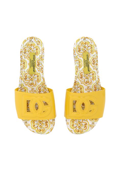 DOLCE & GABBANA KIDS Slide In Pelle Gialla Con Logo DG e Stampa Maiolica - DOLCE & GABBANA KIDS Sconto