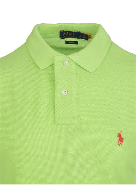 RALPH LAUREN Polo in Piquet Slim-Fit Verde Chiaro e Rossa - RALPH LAUREN Nuova