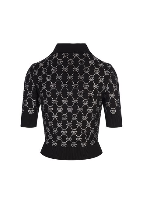 PHILIPP PLEIN Polo In Maglia Nera Con Monogram Di Strass - PHILIPP PLEIN Outlet