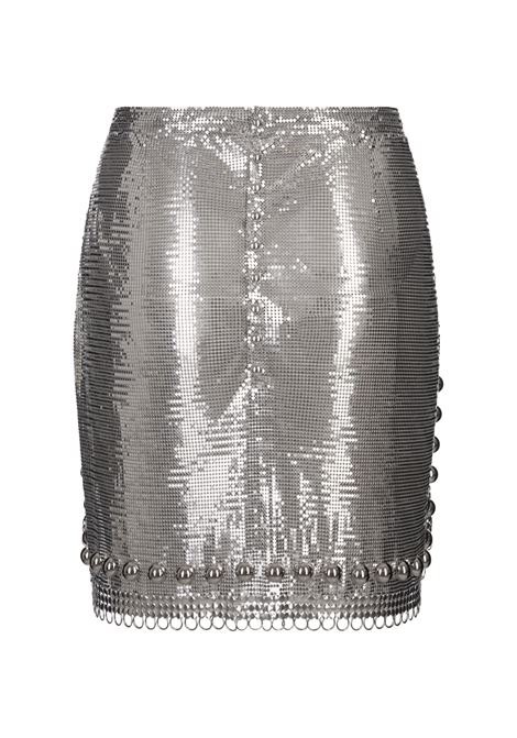 RABANNE Gonna Corta In Mesh Argento Con Anelli e Borchie - RABANNE Soddisfazione Garantita