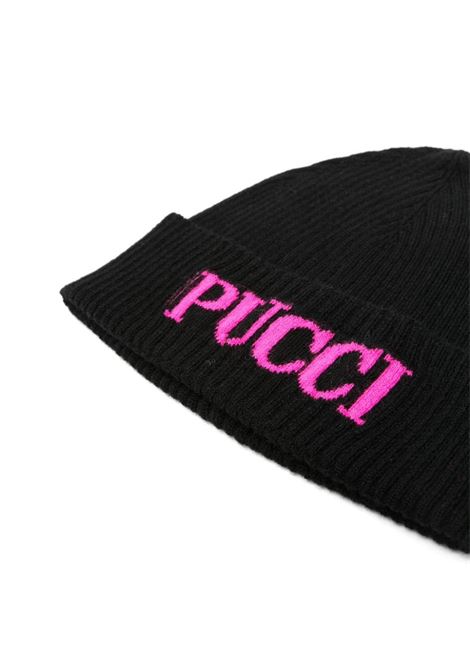 EMILIO PUCCI JUNIOR Berretto a Coste Nero Con Logo Fucsia - EMILIO PUCCI JUNIOR Soddisfazione Garantita