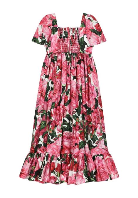 DOLCE & GABBANA KIDS Abito In Popeline Con Stampa Di Rose Su Sfondo Bianco - DOLCE & GABBANA KIDS 2025