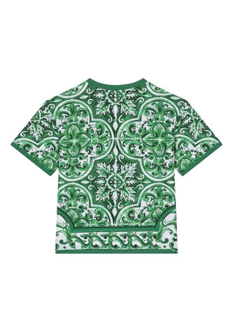 DOLCE & GABBANA KIDS T-Shirt Con Stampa Maiolica Verde All-Over - DOLCE & GABBANA KIDS Acquista Ora