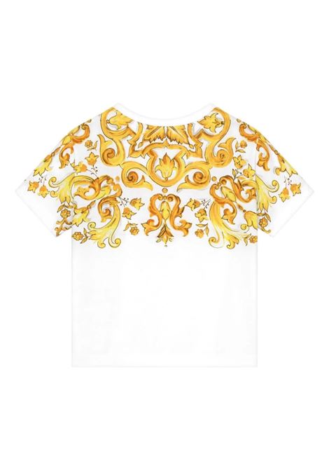 DOLCE & GABBANA KIDS T-Shirt Bianca Con Stampa Maiolica Gialla e Logo DG - DOLCE & GABBANA KIDS Promozione Limitata