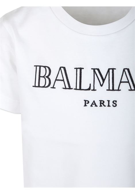BALMAIN KIDS T-Shirt Bianca con Logo Stile Romano Ricamato - BALMAIN KIDS Discount Store per i nuovi prodotti