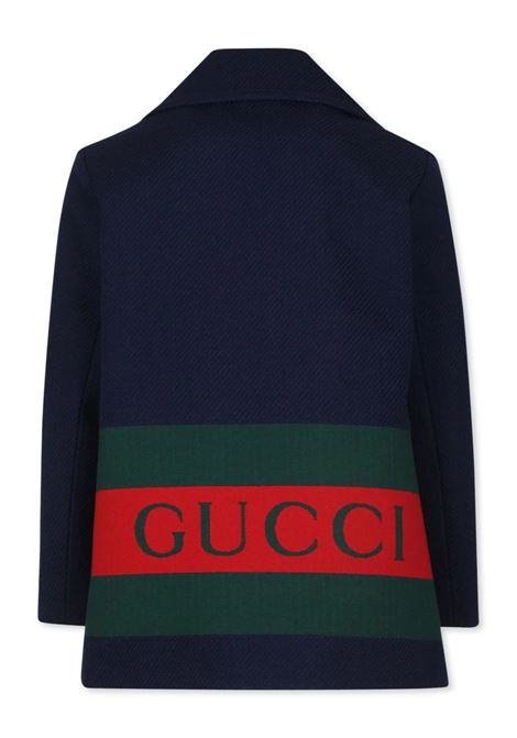 GUCCI KIDS Cappotto Blu Scuro Con Stampa Gucci Web Dietro - GUCCI KIDS Nuovo