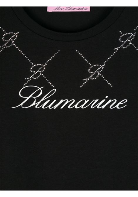 MISS BLUMARINE KIDS T-Shirt Nera Con Logo Di Strass e Motivo Monogram - MISS BLUMARINE KIDS Affare Del Giorno