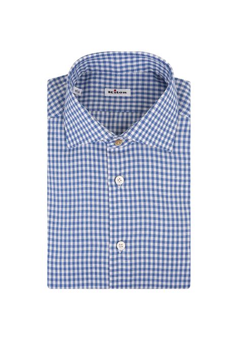 KITON Camicia In Popeline a Quadretti Bianca e Blu - KITON Italia