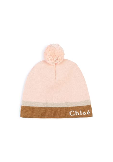CHLOÉ KIDS Berretto In Maglia Washed Pink Con Logo e Pompon - CHLOÉ KIDS Consegna Veloce