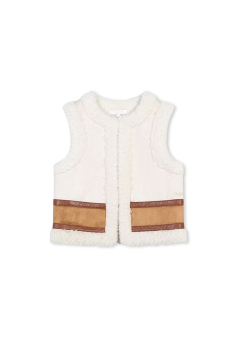 CHLOÉ KIDS Gilet Bianco e Chocolate Brown Con Effetto Shearling - CHLOÉ KIDS Economico