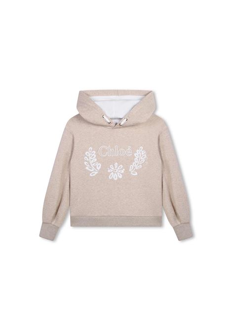 CHLOÉ KIDS Felpa Beige Marl Con Cappuccio e Ricami Botanici - CHLOÉ KIDS Online