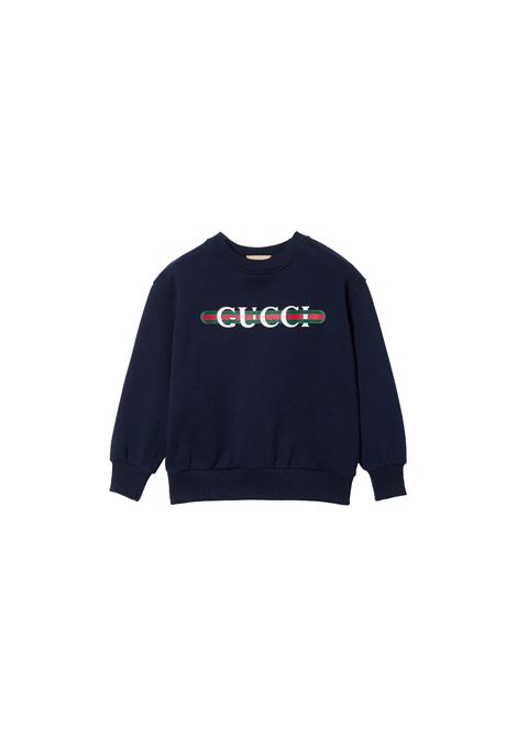 GUCCI KIDS Felpa Blu Scuro Con Stampa Gucci Web - GUCCI KIDS Offerta speciale