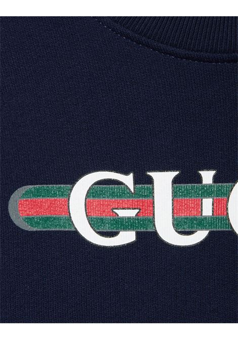 GUCCI KIDS Felpa Blu Scuro Con Stampa Gucci Web - GUCCI KIDS Offerta speciale