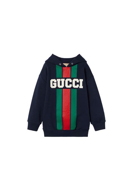 GUCCI KIDS Felpa Oversize Blu Scuro Con Stampa Gucci Web - GUCCI KIDS Comprare a buon mercato