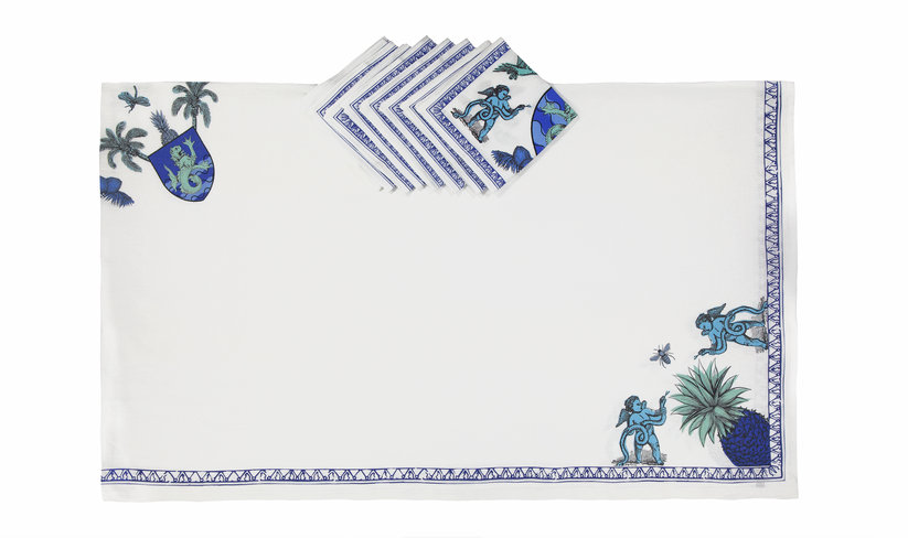 Sans Tabù Tovaglia Bianca Blu in lino grezzo stampato & 8 tovaglioli- Aristo Pop Saldi