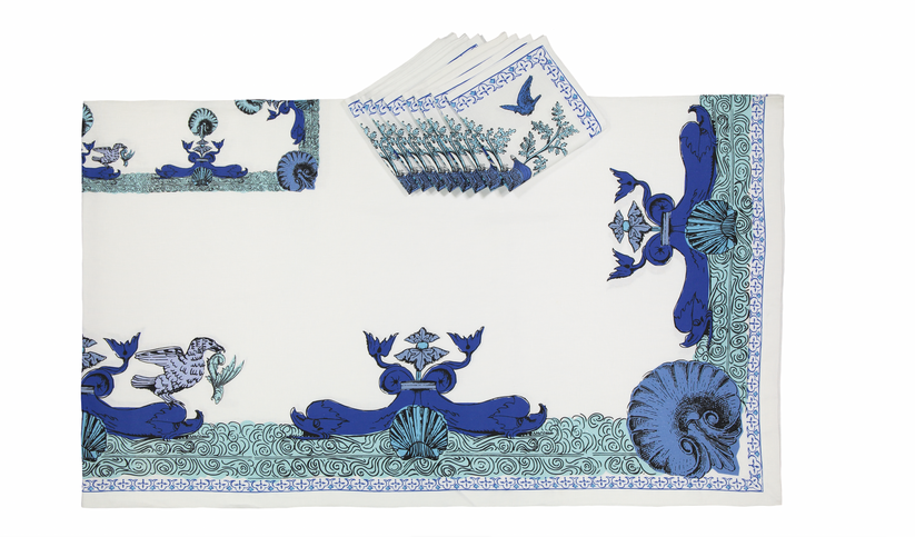 Sans Tabù Tovaglia Bianca Blu in lino grezzo stampato & 8 tovaglioli- Aristo Pop Saldi