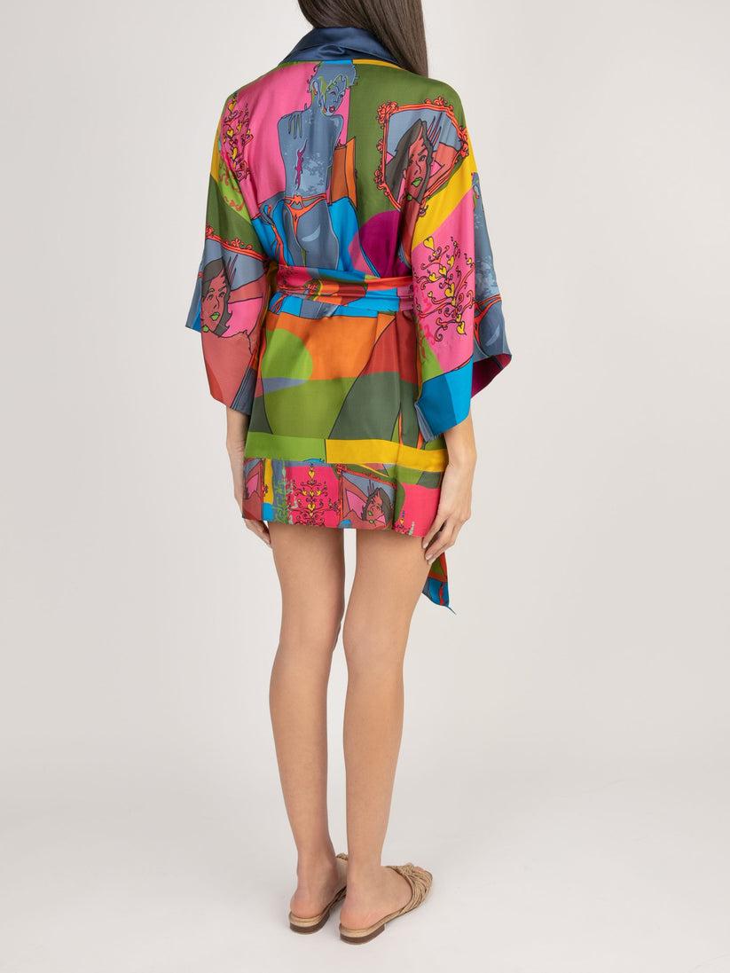 Sans Tabù Kimono corto pura seta manica lunga “Specchio Delle Mie Brame” - Dark Rose Offerta